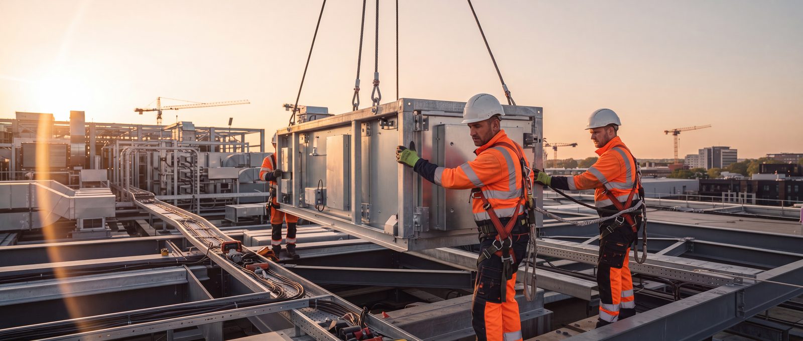 Instalación de equipo HVAC en azotea con grúa
