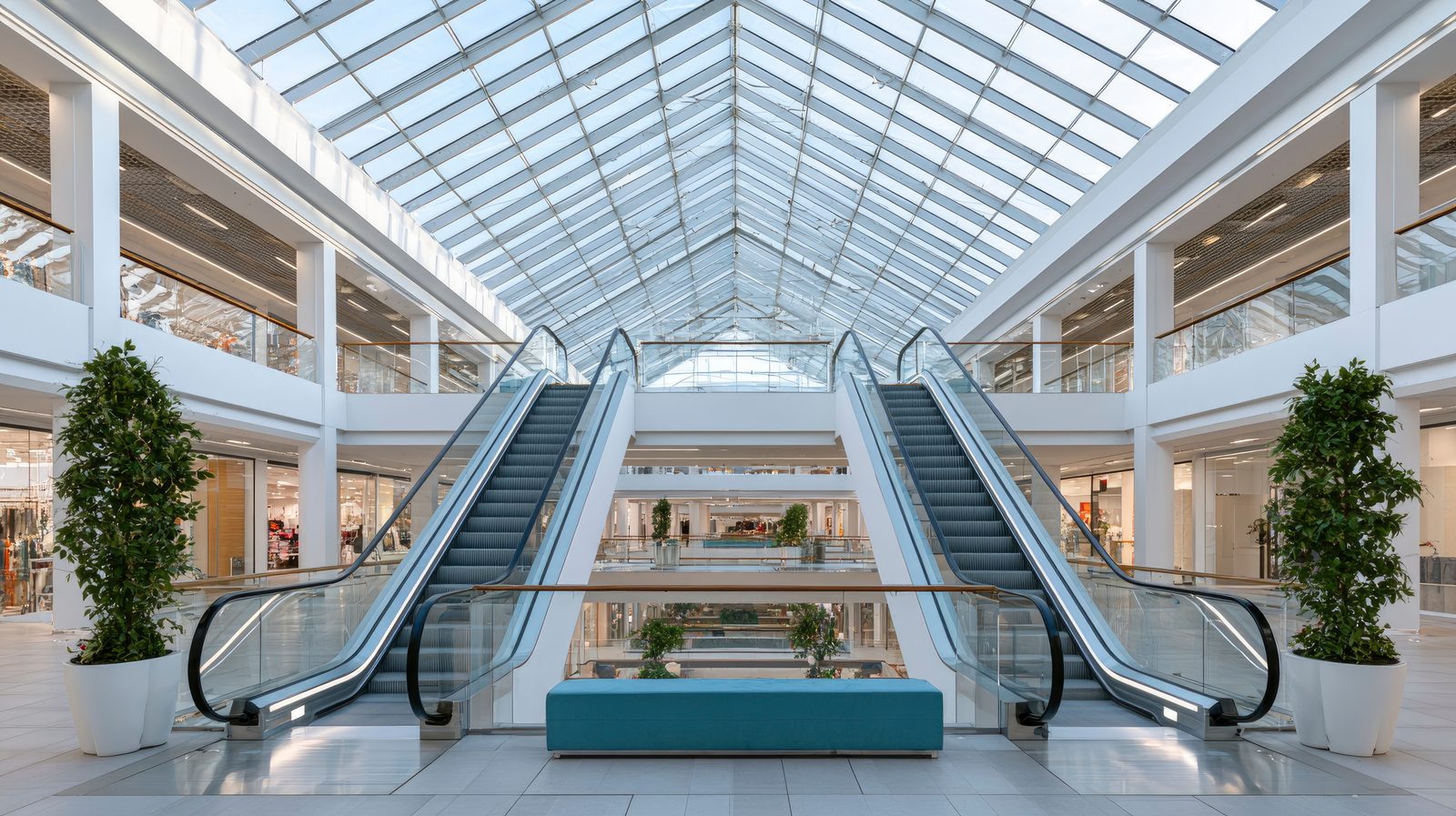 Interior de centro comercial con domo y escaleras eléctricas