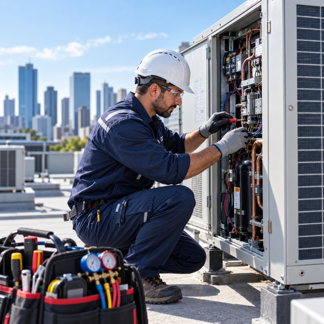Técnico revisando el tablero eléctrico de una unidad de azotea
